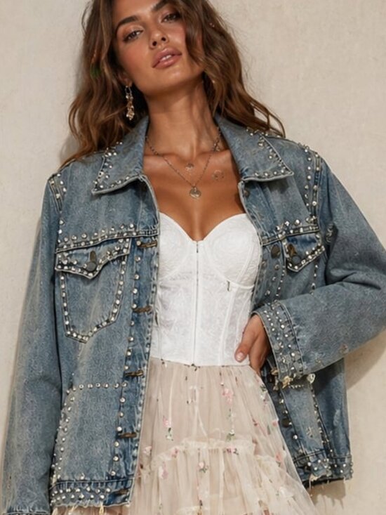 Blank NYC Jackets & Blazers - NWT BLANK NYC Pearl Rhinestone Studded Denim Jean Jacket Distressed Faded Blue L